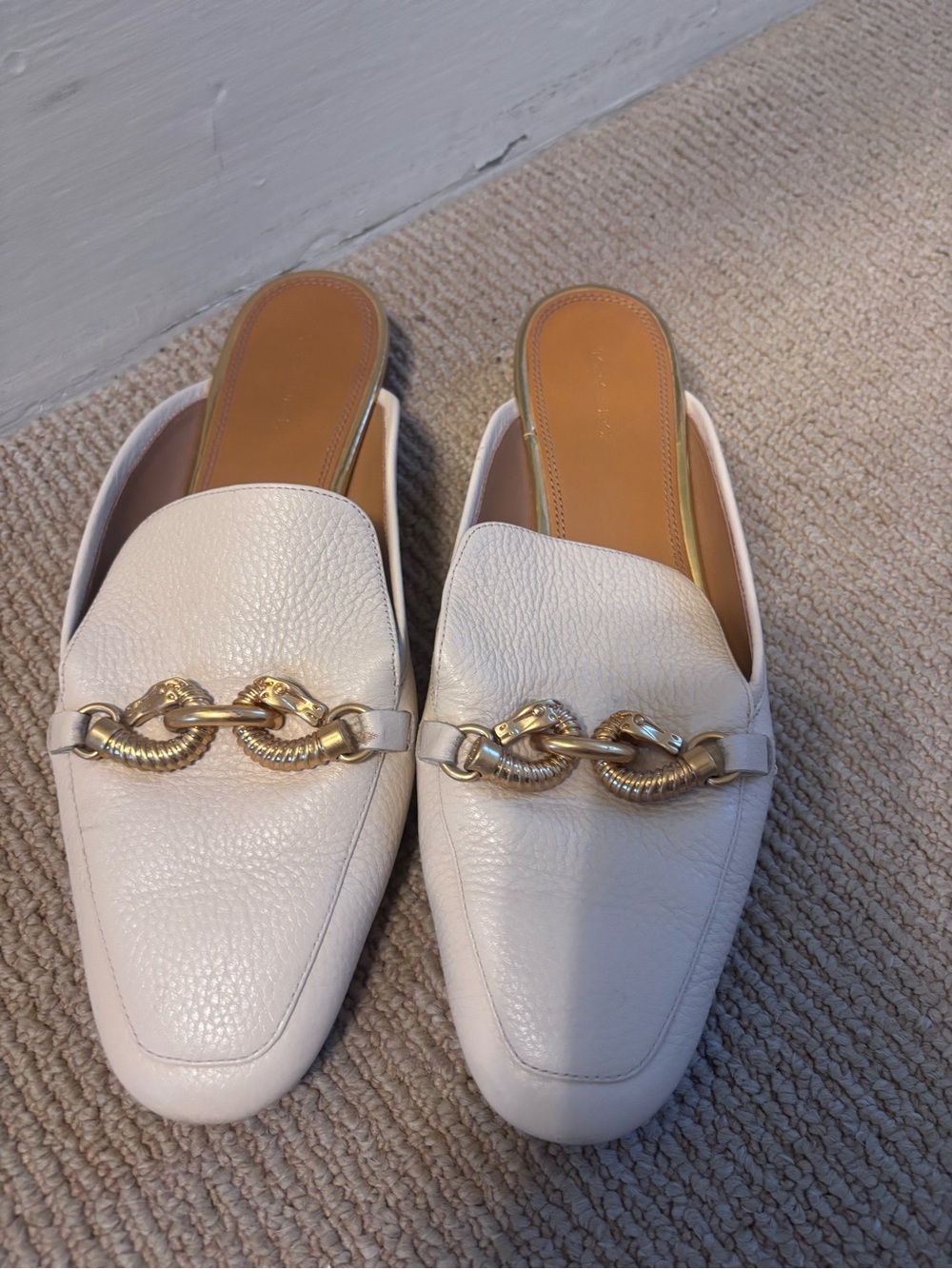 Women's Cream Leather Slip-On Mules with Gold Chain Detail